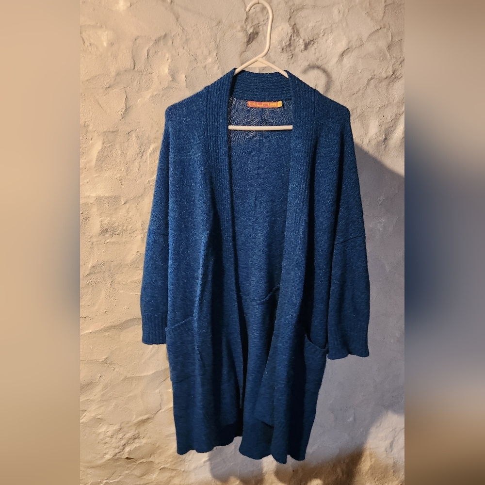 Kuna Luxury Alpaca Longline Open Cardigan Blue Duster Sweater Pockets Sz S/M